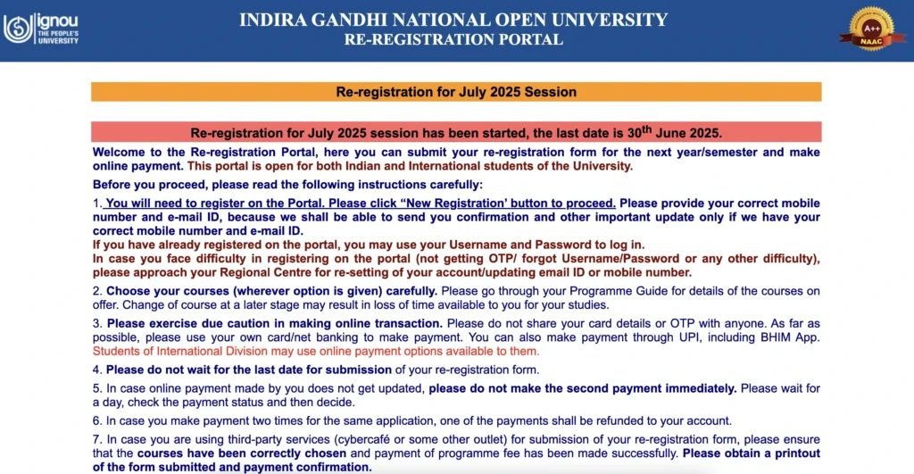 IGNOU Re-Registration